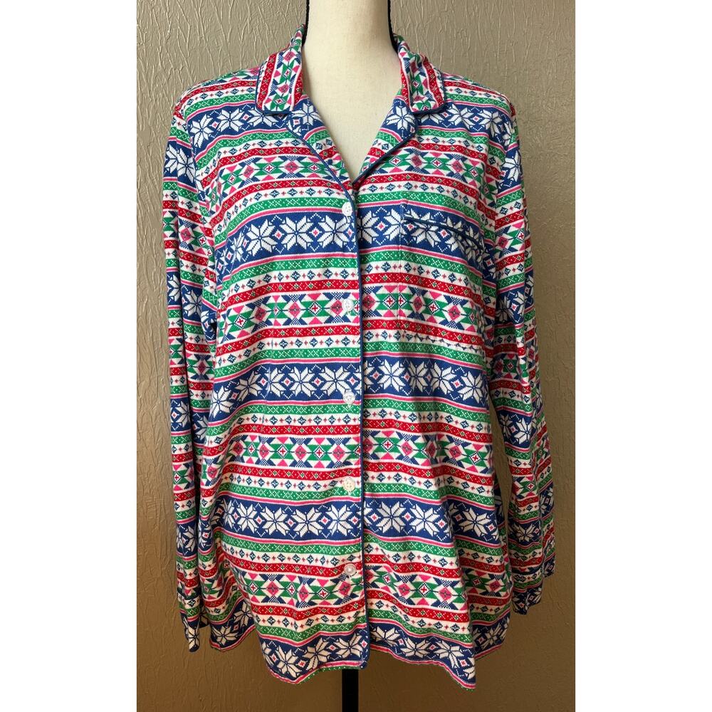 Lands End Women's Holiday Pajama Flannel Top Green Sleep Shirt Fair Isle XL/18